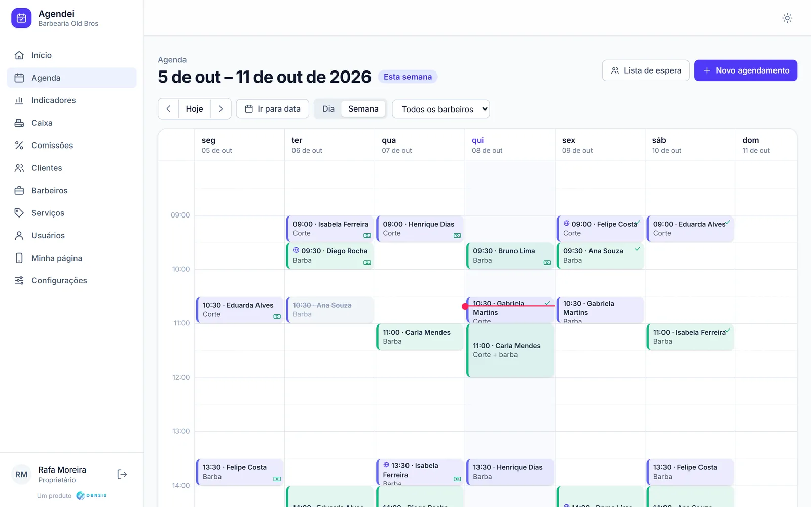 Agenda da semana da barbearia, com os cortes de cada barbeiro.