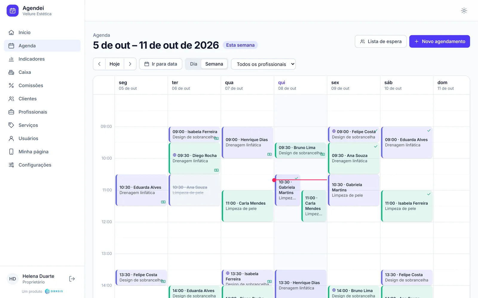 Agenda da semana da clínica de estética.