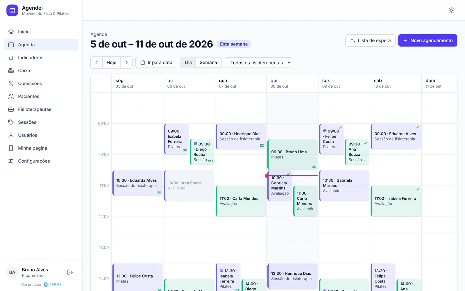 Agenda da semana da clínica de fisioterapia, com as sessões de cada profissional.