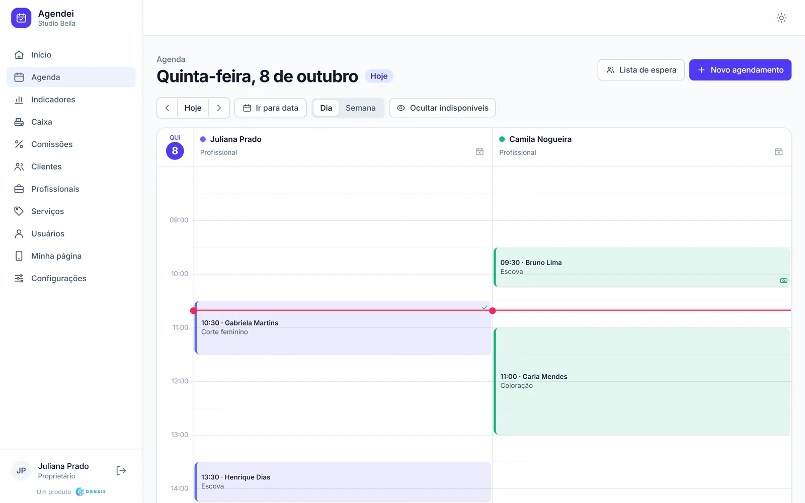 Agenda do salão no computador, com uma coluna por profissional e os serviços do dia.