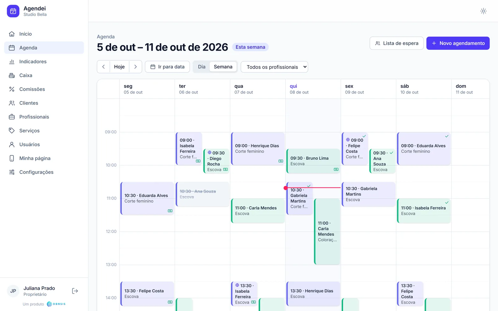 Agenda da semana do salão, com os serviços de cada profissional.